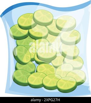 Il sacchetto in plastica sigillato sottovuoto è riempito con fette di lime fresche Illustrazione Vettoriale