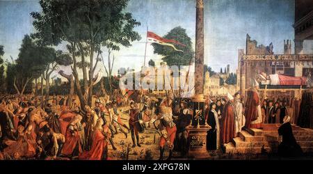 CARPACCIO, Vittore (B. 1472, Venezia, d. 1526, Capodistria) Martirio dei Pellegrini e dei funerali di Sant'Orsola 1493 Tempera su tela, 271 x 561 cm gallerie dell'Accademia, Venezia tela n. 8 della serie di nove grandi dipinti "storie dalla vita di Sant'Orsola". La velocità con cui si sviluppano le idee di Carpaccio è evidente nel Martirio dei Pellegrini e nel funerale di Sant'Ursula, firmato e datato 1493 sul rotolo ai piedi della colonna recante due stemmi, l'emblema della famiglia Loredan e un altro, probabilmente apparteneva alla famiglia Caotorta. La composizione di Foto Stock