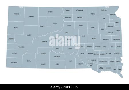 Dakota del Sud, stato degli Stati Uniti, suddiviso in 66 contee, mappa politica grigia con confini e nomi di contea. Stato nella regione centro-settentrionale degli Stati Uniti. Foto Stock