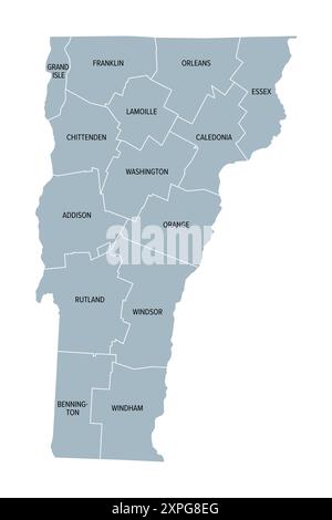 Vermont, stato degli Stati Uniti, suddiviso in 14 contee, mappa politica grigia con i confini e i nomi delle contee. Stato nella regione del New England degli Stati Uniti. Foto Stock