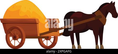 Il cavallo bruno sta tirando un carro di legno caricato con una grande balla di fieno Illustrazione Vettoriale