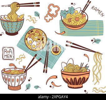 Doodle ramen spaghetti. Noodle giapponese coreano cinese in ciotole, pasto asiatico desh cucina zuppa ingredienti snack giapponese fastfood menu di cucina del ristorante, grafica vettoriale ordinata degli autori Illustrazione Vettoriale