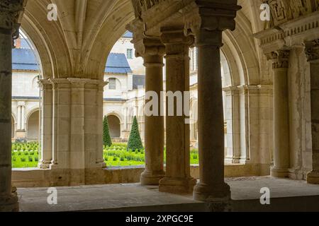 Chiostri all Abbazia di Fontevraud, Loire, Francia. Luogo di sepoltura di Plantagenet re e regine, intricate sculture chiostro con soffitto a volta Foto Stock