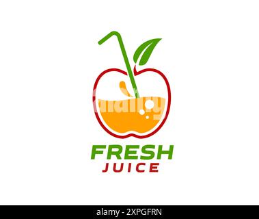 Icona del succo di mela fresco per la bevanda alla frutta o l'etichetta del frullato, tazza vettoriale con cannuccia. Succo di mela biologico naturale bevanda di frutta fresca per vitamine Illustrazione Vettoriale
