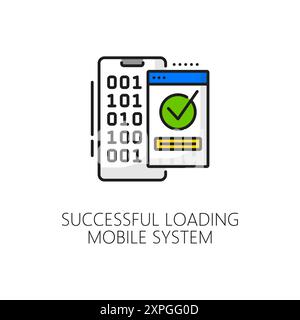 Icona della riga di caricamento dell'aggiornamento del software del sistema mobile completata. Aggiornamento dell'app per smartphone, download del driver del telefono cellulare o vettore della linea della tecnologia del software di sistema Illustrazione Vettoriale