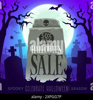 Striscione di Halloween con lapide del cimitero. Sfondo degli annunci vettoriali per lo sconto stagionale autunnale. Biglietto pubblicitario con lapide, luna, volo ba Illustrazione Vettoriale