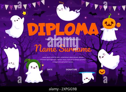 Diploma per bambini di Halloween con simpatici personaggi fantasma kawaii nel cimitero, certificato vettoriale. Diploma di istruzione o premio di laurea con boo Ghost dei cartoni animati Illustrazione Vettoriale