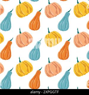 Motivo senza cuciture per zucca matura in stile piatto. Design di verdure autunnali per Halloween, negozio di alimentari. Illustrazione vettoriale su sfondo bianco. Illustrazione Vettoriale