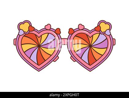 Gli hippie retrò di cartoni animati adorano gli occhiali da vista. Occhiali da sole Vector isolati in stile y2k con montature a forma di cuore e lenti arcobaleno girevoli. Occhiali divertenti e. Illustrazione Vettoriale