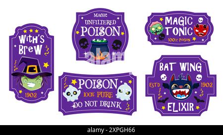 Etichette per pozioni di Halloween e etichette per bottiglie di elisir di streghe per bevande horror notturne natalizie, etichette vettoriali dei cartoni animati. Halloween e dolcetto o scherzetto per feste Illustrazione Vettoriale