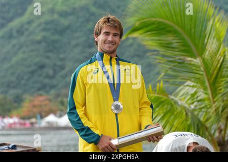 Tahiti, Polinesia francese. 6 agosto 2024. Jack Robinson dell'Australia medaglia d'argento, surf, uomini durante i Giochi Olimpici di Parigi 2024 il 6 agosto 2024 al Teahupo'o di Tahiti, Polinesia francese - foto Sylvain Lefevre/Panoramic/DPPI Media Credit: DPPI Media/Alamy Live News Foto Stock