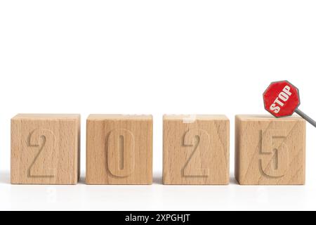 Cubi di legno con iscrizione 2025 e stop sign su sfondo bianco Foto Stock