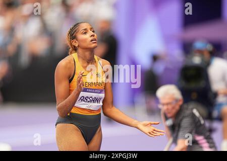 Saint Denis, Francia. 6 agosto 2024. Olimpiadi, Parigi 2024, atletica leggera, Stade de France, salto lungo, donne, qualifica, Mikaelle Assani dalla Germania reagisce. Crediti: Michael Kappeler/dpa/Alamy Live News Foto Stock