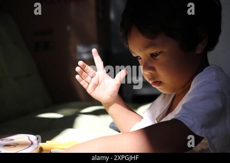 Un ragazzino molto concentrato, impegnato con un giocattolo sotto la luce soffusa del sole mattutino Foto Stock