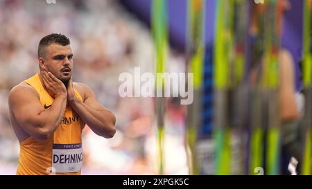 Saint Denis, Francia. 6 agosto 2024. Olympia, Paris 2024, atletica leggera, Stade de France, lancio giavellotto, uomini, qualifica, Max Dehning dalla Germania reagisce. Crediti: Michael Kappeler/dpa/Alamy Live News Foto Stock