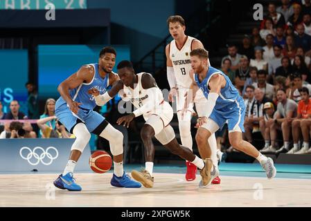 Parigi, Francia. 6 agosto 2024. Julien Mattia/le Pictorium - pallacanestro 5x5 - 1/4 finali - Parigi 2024 - 06/08/2024 - Francia/Senna Saint Denis/Parigi - Dennis Schroder (GER) durante i quarti di finale di pallacanestro 5x5 dei Giochi Olimpici di Parigi, all'Arena Bercy, 6 agosto 2024. Crediti: LE PICTORIUM/Alamy Live News Foto Stock