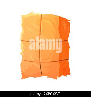 Raccolta del fieno in fascio rettangolare con funi, illustrazione vettoriale del piattello di fieno agricolo di campagna Illustrazione Vettoriale