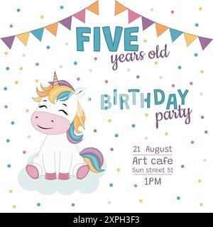 5 anni di invito alla festa di compleanno con unicorno Foto Stock