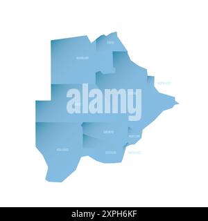 Mappa politica del Botswana delle divisioni amministrative - distretti rurali e urbani. Mappa vettoriale ombreggiata con sfumatura blu 3D e etichette dei nomi Illustrazione Vettoriale