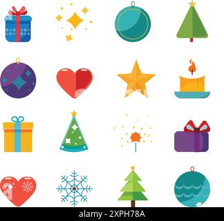 Set di icone natalizie a colori carini. Elementi per le feste. Illustrazione Vettoriale