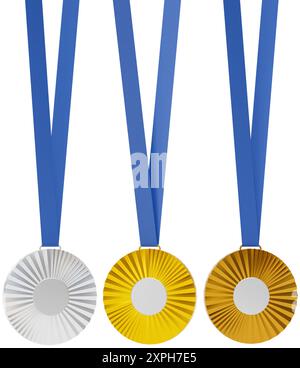 Medaglia d'argento, medaglia d'oro, medaglia di bronzo su sfondo bianco puro per una migliore separazione. Area centrale vuota in metallo lucidato per aggiungere testo. Foto Stock