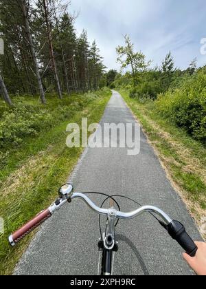 Giro in bicicletta attraverso la foresta di Skagen. Vista dall'alto del manubrio dal lato del ciclista. Foto Stock