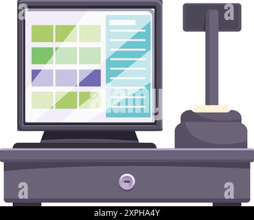 Registratore di cassa elettronico che mostra le informazioni di vendita sullo schermo con cassetto per contanti e stampante per ricevute Illustrazione Vettoriale