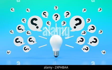 Lampadina e punto interrogativo. scenografia di rendering 3d. Foto Stock