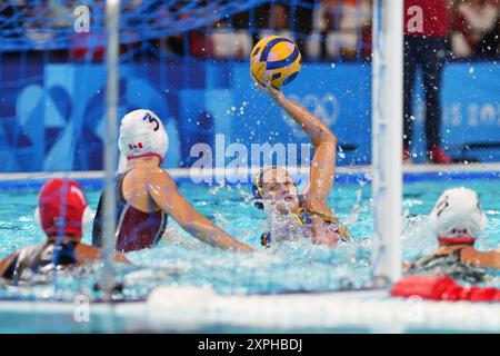 Parigi, Francia. 6 agosto 2024. Durante i quarti di finale di pallanuoto femminile Spagna-Canada alle Olimpiadi del 2024, martedì 6 agosto 2024, a Parigi, Francia. (Foto di Gian Mattia D'Alberto/LaPresse) durante le donne&#x573; i quarti di finale di pallanuoto Spagna-Canada alle Olimpiadi 2024, martedì 6 agosto 2024, a Parigi, Francia. (Foto di Gian Mattia D'Alberto/LaPresse) credito: LaPresse/Alamy Live News Foto Stock