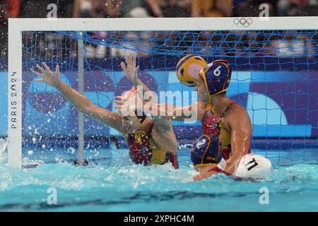 Parigi, Francia. 6 agosto 2024. Durante i quarti di finale di pallanuoto femminile Spagna-Canada alle Olimpiadi del 2024, martedì 6 agosto 2024, a Parigi, Francia. (Foto di Gian Mattia D'Alberto/LaPresse) durante le donne&#x573; i quarti di finale di pallanuoto Spagna-Canada alle Olimpiadi 2024, martedì 6 agosto 2024, a Parigi, Francia. (Foto di Gian Mattia D'Alberto/LaPresse) credito: LaPresse/Alamy Live News Foto Stock