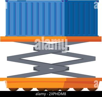 La piattaforma di sollevamento a forbice solleva due contenitori di carico blu in un magazzino logistico Illustrazione Vettoriale