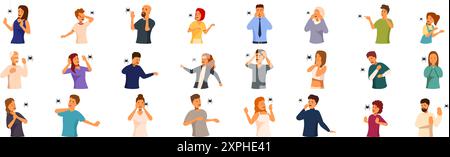 Set di icone di aracnofobia. Persone con aracnofobia, personaggi diversi che soffrono di paura dei ragni, gruppo di uomini e donne spaventati che vedono insetti terrificanti Illustrazione Vettoriale