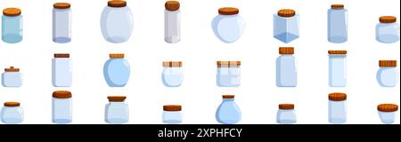 Set icone vaso in vetro tappo in legno. Raccolta di vari vasetti vuoti in vetro con coperchi in legno, ideali per inscatolare, conservare e conservare alimenti Illustrazione Vettoriale