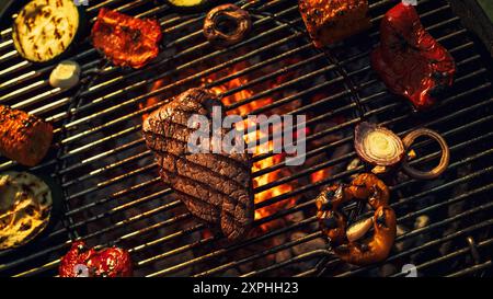 Bistecca frizzante e verdure colorate grigliate su fiamme aperte, catturando l'essenza della cucina all'aperto, sapori di fumo e delizie culinarie in un vivace ambiente barbecue. Foto Stock