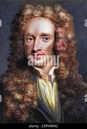 Sir Isaac Newton, 1642-1727. Englischer Physiker und Mathematiker. Kupferstich von Edward Smith nach einem Gemälde von Sir George Kneller., Historisch Foto Stock