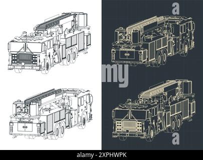 Illustrazioni vettoriali stilizzate di disegni tecnici isometrici di un grande camion dei pompieri Illustrazione Vettoriale