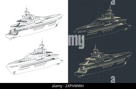 Illustrazioni vettoriali stilizzate di progetti isometrici di superyacht Illustrazione Vettoriale