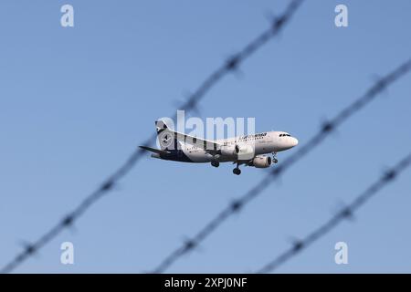 Ein Flugzeug der Fluggesellschaft Lufthansa, Airbus A319-114, Kennung D-AILK im Landeanflug auf den Flughafen Francoforte sul meno Im Vordergrund Stacheldraht. Symbolbild zum Thema Abschiebeflug. Flughafen Francoforte am 06.08.2024 a Francoforte a.M./Deutschland. *** Un aereo della compagnia aerea Lufthansa, Airbus A319 114, immatricolazione D AILK avvicinamento aeroporto di Francoforte a M in primo piano filo spinato immagine simbolica sul volo di deportazione aeroporto Francoforte a M il 06 08 2024 a Francoforte a M Germania Foto Stock