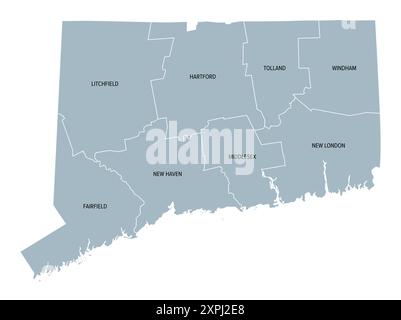 Connecticut, stato degli Stati Uniti, suddiviso in 8 contee, mappa politica grigia con confini e nomi di contea. Stato nella regione del New England degli Stati Uniti. Foto Stock