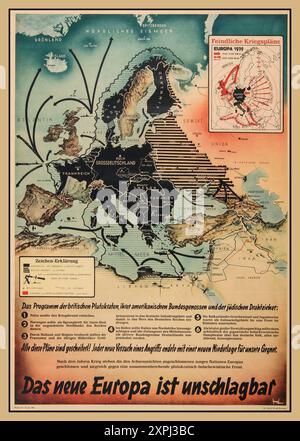 MANIFESTO DI PROPAGANDA DI GUERRA CHE MOSTRA LE CONQUISTE MILITARI TEDESCHE "la nuova Europa è imbattibile” Mappa di propaganda dell'Europa che mostra le conquiste territoriali tedesche e i movimenti offensivi del suo esercito, della sua marina e dell'aeronautica militare contro i suoi nemici nel 1942. Nel 1942 la Germania aveva stretto alleanze con Finlandia, Italia, Bulgaria e Ungheria e aveva conquistato la Francia, la Norvegia e ogni nazione europea dell'Europa orientale. L'invasione tedesca dell'Unione Sovietica aveva quasi spinto Mosca, la Gran Bretagna stava combattendo per mantenere la sua presenza in Africa e Medio Oriente, e negli Stati Uniti, che erano appena entrati in guerra nel dicembre 1941. Foto Stock