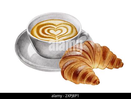 Caffè aromatico, espresso, latte, americano, illustrazioni ad acquerello fisso per caffè, menu del ristorante, panetteria, dessert, croissant, biscotti al cuore rosa Foto Stock