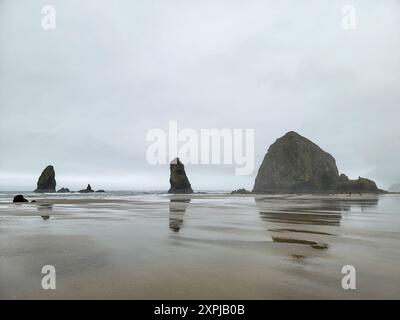 Una tranquilla vista di Haystack Rock e The Needles a Cannon Beach, Oregon, in una giornata nuvolosa Foto Stock