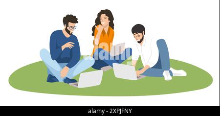 Gli studenti di gruppo sono seduti sull'erba con un portatile. Concetto educativo Illustrazione Vettoriale