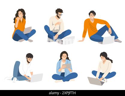 Gli studenti di gruppo sono seduti sull'erba con un portatile. Concetto educativo Illustrazione Vettoriale