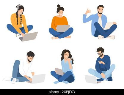 Gli studenti di gruppo sono seduti sull'erba con un portatile. Concetto educativo Illustrazione Vettoriale