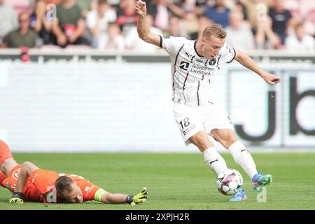 Herning, Danimarca. 6 agosto 2024. Adam Buksa, FC Midtjylland segna quando FC Midtjylland incontra Ferencvaros dall'Ungheria nel terzo turno di qualificazione della UEFA Champions League 1° partita a Herning martedì 6 agosto 2024. Crediti: Ritzau/Alamy Live News Foto Stock