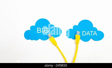 Due cavi gialli collegati a una nuvola blu, con le parole "big data" scritte sul cloud. Concetto di trasmissione ed elaborazione dei dati Foto Stock