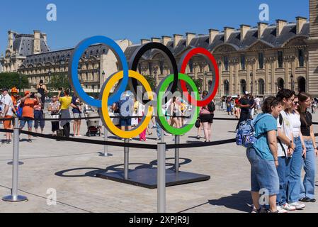 Parigi, Francia, 08.05.2024 persone posano e scattano foto agli anelli olimpici di Parigi in una giornata molto calda e soleggiata. Foto Stock