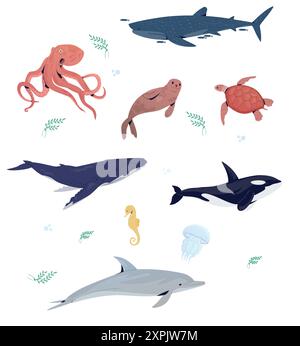 Animali sottomarini con elementi di vita marina disegnati a mano. Set di cartoni animati vettoriali di oggetti marini per il tuo progetto. Illustrazione Vettoriale
