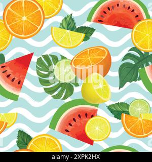 Frutta fresca con motivo marinaio estivo. Arancia fresca, limone, cedro, anguria, pezzetti di lime onde del mare. Cibo vettoriale colorato Illustrazione Vettoriale